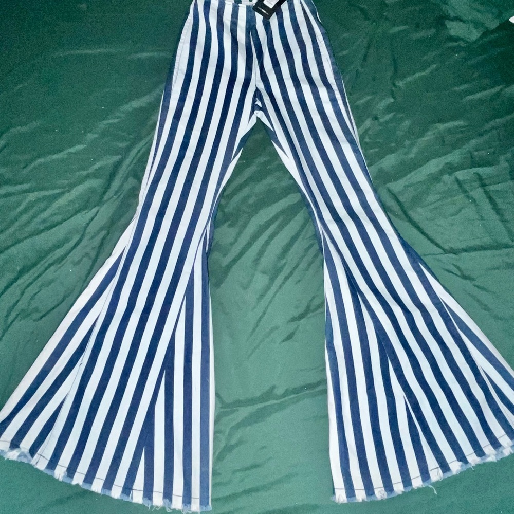 Fashion Nova Blue and White Striped Flare Jeans